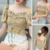 Women's Blouses Women Crop Top Flower Print Square Neck Short Sleeves Pleated Elastic Vintage Bubble Chiffon Shirt Summer