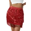 Jupes Femmes Paillettes Fringe Jupe Glitters Taille Élastique Minijupe Mini Jupe pour Dance Rave Party Noir / Argent / Or / Rouge 230703