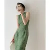 Abbigliamento etnico Abito in stile cinese Cheongsam con stampa verde Sexy senza maniche Qipao Abiti in pizzo senza schienale Abiti estivi Lunghi