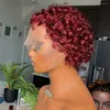 Burgundy 99J 13x4 Dantel Ön İnsan Saç Perukları Kısa Kıvırcık Pixie Cut Wig% 250% Brezilyalı Kadınlar Önceden Kapanmış Remy