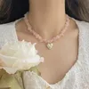 Minar Sweet Multiple Enamel Tulip Flower Heart Pendant Necklaces for Women Faux Pearl Pink Irregular Crystal Choker Necklace L230704