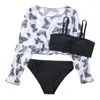 Women's Swimwear Girls 3pack Solid Black Bikini Swimsuit Kids With Butterfly Print Cover Up Top 7-14 Years Children's Teen Bathing Suit