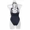 女性の水着 2022 夏のセクシーな女性のビーチウェア黒ホルターノースリーブワイヤレスブラ包帯ボディスーツレースアッププランジビキニ水着ホリデー J230704