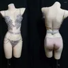 Sahne Giyim Parlayan Rhinestones Boncuk Spagetti Kayışı Seksi Kadınlar Çıplak Bikini Pole Dans Kostümü Bar Gece Kulübü DJ Parti Giyim