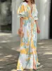 캐주얼 드레스 여자 드레스 우아한 파티를위한 우아한 파티 2023 패션 V- 넥 인쇄 짧은 슬리브 탑 섹시