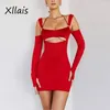 Robes décontractées XLLAIS Stretch tissu évider robe épaules nues à manches longues Robes de soirée Sexy Satin rouge pour les femmes 2023