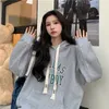 Women's Two Piece Pant Apricot Hooded Sweatshirt Printing Vintage Long Sleeve Korean Fashion Baggy Casual Y2K Autumn Female Grey Pullover Tops 230703