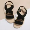 Sandals Bohemian Women Solid Color Elastic Fabric Open Toe Straw Woven Flat Cross Strap Slip on Slippers Platform Summer
