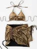 Dames Badmode Sexy Glanzende Gouden Halter 3 Stuks Bikini Set Met Trekkoord Strand Rok Backless Badpak 2023 Nieuwe Badmode Vrouwen Beachwear J230704