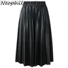 Skirts Neophil Winter Ladies Black PU Faux Leather Skirts Midi Pleated High Waist Vintage Basic Mid-calf Women Longa Saia S1927 Z230705