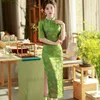 Ethnic Clothing Embroidery Slim Cheongsam Green Printed Flower Mandarin Collar Qipao Women Dress Retro Chinese Style Traditional Sexy