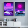 80s outrun vaporwave style toile peinture affiche néon city car house house sunset peinture mur art décoration kawaii room décor toile poster non camen