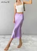 Saias Mnealways18 Roxo Sólido Cetim Seda Saia Feminina Cintura Alta Verão Longo 2023 Elegante Feminina Office Midi Primavera 230703