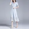 Robes de soirée Pinkoz victorien col carré manches bouffantes bleu clair robe mi-longue haute qualité été brillant soie boutons Vestidos