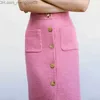 Skirts Women Midi Skirt Tweed Textured Pink Buttoned Za Vintage High Waist Front Slit s Chic Back Zip Z230704