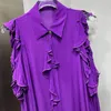 Blusas de mujer Blusa de seda púrpura Elegante solapa de un solo botón Hombro Decoración de borde de oreja de madera Camisa de mujer delgada Moda Tela sólida