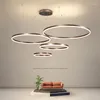 Żyrandole minimalistyczny nowoczesny żyrandol Led oświetlenie domu szczotkowane pierścienie sufitowy pilot wiszący lampa złoty kolor kawy