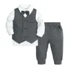Suits 2022 Baby Boy Gentleman Suit Toddler Bow Tie White Shirt Vest+Pants Stripe Sets 3Pcs Formal Birthday Wedding Kids Party ClothesHKD230704