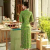 Ethnic Clothing Embroidery Slim Cheongsam Green Printed Flower Mandarin Collar Qipao Women Dress Retro Chinese Style Traditional Sexy