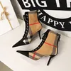 Boots Plaid Patchwork Flock Leather Women s Fashion 8cm High Heels Ankle Pumps Pointed Toe Lace Up Casual Ladies Short 230703