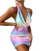 Abiti sexy urbani Summer Rainbow Backless Mini Party Dress Sexy Halter Pieghettato Night Club Dress per le donne Macchia senza maniche Bodycon Abiti corti 230703