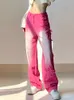 Star Patch Designs Pink Jeans Tie Dye Print Aesthetic Wide Leg Casual Denim Pants Women Korean Style Cute Trousers