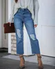 Women's Jeans YYCZF High Waist Jean For Slim Casual Street Style Stretch Denim Loose Hole Nine Point Straight Push Up Women