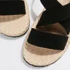 Sandals Bohemian Women Solid Color Elastic Fabric Open Toe Straw Woven Flat Cross Strap Slip on Slippers Platform Summer