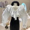 Blusas Femininas Decote em V Clavícula Exposta Babados Patchwork Vintage Blusas Mujer De Moda 2023 Polka Dot Design Sense Camisa Manga Longa