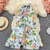 Damesbroek Boho Strand Wijde pijpen Dames Retro Hoog getailleerde bedrukte strik Vetersluiting Vrouwelijke Dames Casual Zomer Carpris Drop