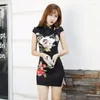 Etnik Giyim Kadın Geleneksel Çin Cheongsam Seksi İnce Floral Mini Elbise Bayan Partisi Gece Kulübü Zarif Vestido Bodycon Qipao