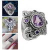 Luxe Amethist Ring Dames Europese en Amerikaanse Retro Imitatie Thai Silver Tree Leaf Flower Ring