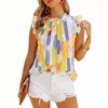 Blusas femininas L5YA femininas casuais estampadas coloridas boné manga babado blusa de verão