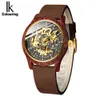 Horloges IK Coloring Heren Hout Luxe Gouden Skelet Mechanische Houten Kast Leren Band Automatische Mannelijke Pols Dropshipping 0703