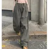 Women's Pants High Street Vintage Cargo Fashion Pocket Waist Bind Feet Straight Casual Baggy Wide Leg Trouser Ladies Summer