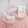 Girl Dresses 3-11Y Girls Summer Short-Sleeved Dress 2023 Children's Pink Doll Collar Plaid Princess Skirt