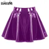 Skirts Womens Glossy Patent Leather Flared Miniskirt Dance Performance Invisible Zipper A-Line Mini Skirts Clubwear Cosplay Costume 230703