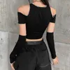 Heren T-shirts E-meisje stijl Patchwork Zwarte T-shirts Gothic Open Schouder Mouw Y2k Crop Tops Ruches Zoom Hip Hop Techwear Dames Tee 230703