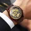 腕時計 IK カラーリングメンズウッド高級ゴールデンスケルトン機械式木製ケースレザーストラップ自動男性手首ドロップシッピング 0703