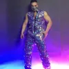 Stage Wear Bar Nightclub Men Dancer Gogo Costume Sexy Club Show Purple Technology Future Theme Mirror Sequins Jumpsuit Performance2433