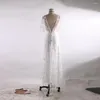 Robes de soirée femmes robe Sexy dentelle blanche dos nu col en v été manches à volants taille haute balançoire Maxi vêtements de soirée