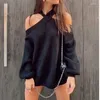 Damenpullover BeeHouse Sexy Cross-Neck Open-Shoulder Loose Thin Shoulder Lantern Sleeve Sweater Trend Square Collar WinterTops Women