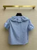 Camicette da donna Camicie firmate Alla moda Riduzione dell'età Maniche a bolle Girocollo Camicia di seta di cotone arruffato Sottile e carino Stile Academy Blu 1YPN