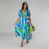 Casual Kleider Mode V-ausschnitt Puffy Kurzarm Spitze-up Langes Kleid 2023 Sommer Elegante Frauen Chic Drucke Schlanke Abend party Streetwear