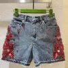 High-end nya denimshorts för kvinnor Kvinnor Tunga strass fransade hål jeans shorts kvinnlig hög midja sommar mode bred ben denim shorts storlek: s-l c1