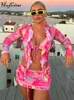 Two Piece Dress Hugcitar Tie Dye Print Women 2 Set Lace Up Ruffle Long Sleeve Crop Top Ruched Mini Skirt Suit Matching Outfit Y2K Vacation 230630