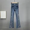 Damjeans jeansbyxor med klockbotten 2023 Höst Elastic High Street Sexiga tjejbyxor Strass Mop Byxa
