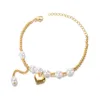 Braccialetti con ciondoli Ciondoli a cuore in acciaio inossidabile Braccialetto di perle d'imitazione Catena color oro per regalo di gioielli da donna 17,5 cm (6 7/8 ") di lunghezza