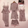 Vêtements de nuit pour femmes 5 pièces pyjama léopard costume printemps dame Lingerie intime Satin dentelle sommeil ensemble vêtements de nuit décontracté maison vêtements