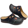 Slippers Vrouwen Bloemen Grote Ronde Neus Slides Wiggen Hakken 3cm Retro Schoenen Comfortabele Dikke Bodem Kaki Wijn Donkerblauw Brede Past